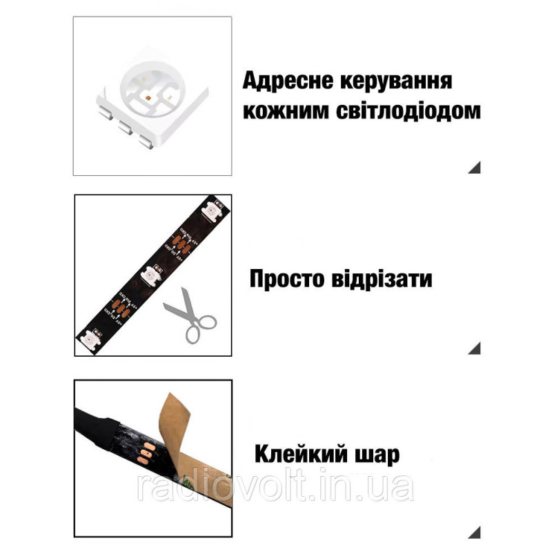 Світлодіодна стрічка WS2812B, RGB, IP30, 30 Світлодіодів/м, 5В, 1м, Чорна підкладка
