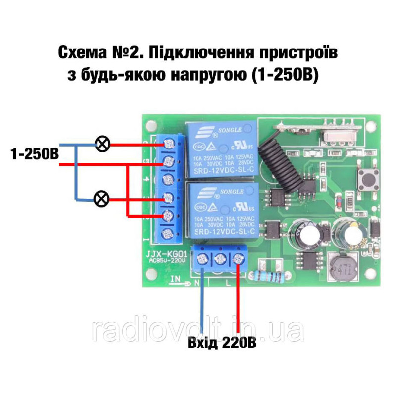 433МГц 2-х канальний бездротовий вимикач на 220В + Два пульта
