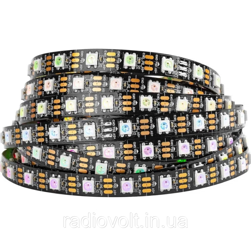 Світлодіодна стрічка WS2812B, RGB, IP30, 60 Світлодіодів/м, 5В, 1м, Чорна підкладка