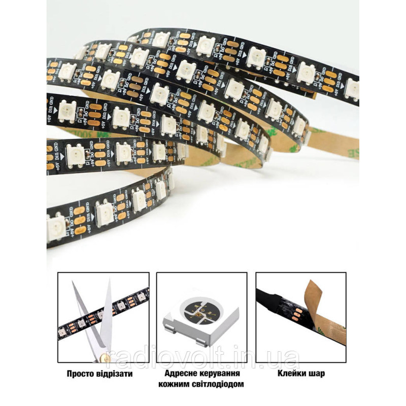 Світлодіодна стрічка WS2812B, RGB, IP30, 60 Світлодіодів/м, 5В, 1м, Чорна підкладка