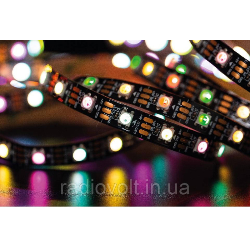 Світлодіодна стрічка WS2812B, RGB, IP30, 60 Світлодіодів/м, 5В, 1м, Чорна підкладка