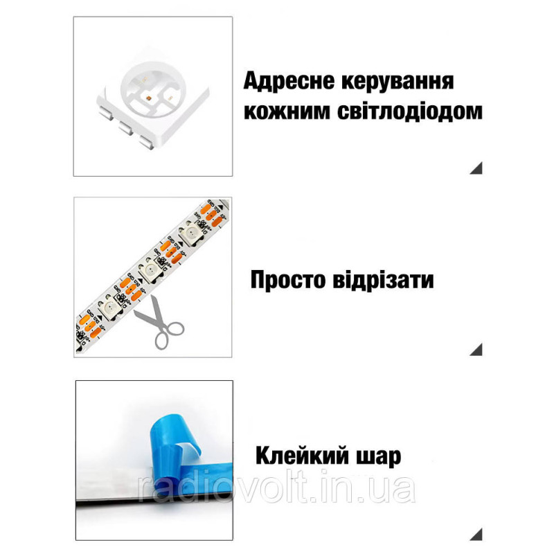 Світлодіодна стрічка WS2812B, RGB, IP30, 60 Світлодіодів/м, 5В, 1м, Біла підкладка