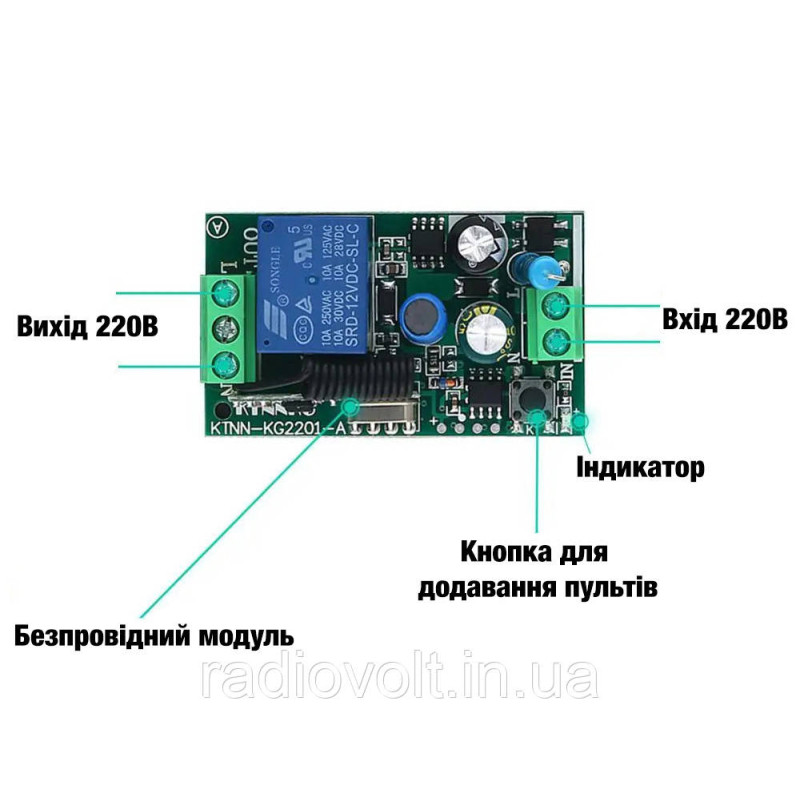 433МГц одноканальний бездротовий вимикач на 220В + Пульт