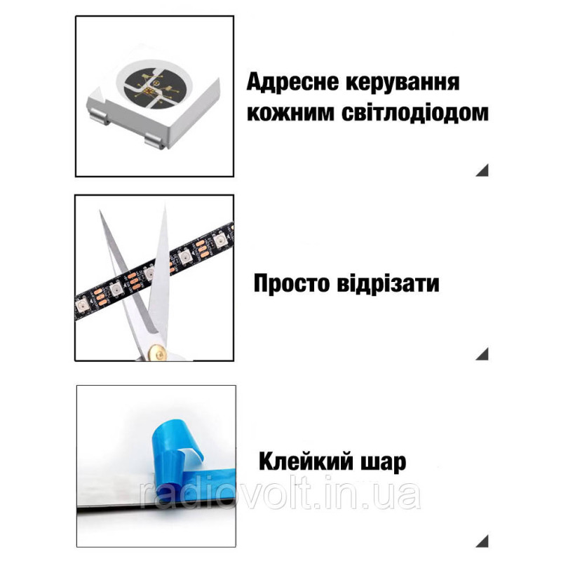 Світлодіодна стрічка WS2812B, RGB, IP65, 60 Світлодіодів/м, 5В, 1м, Чорна підкладка