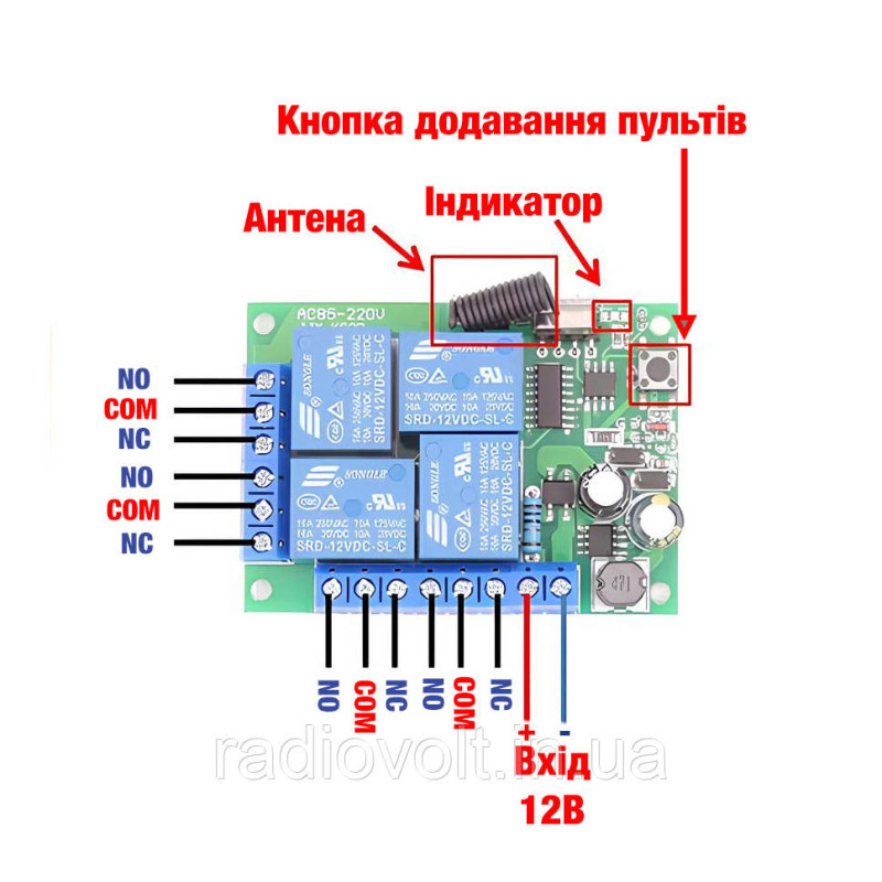 433МГц 4-х канальний бездротовий вимикач 12В + 2 Пульта
