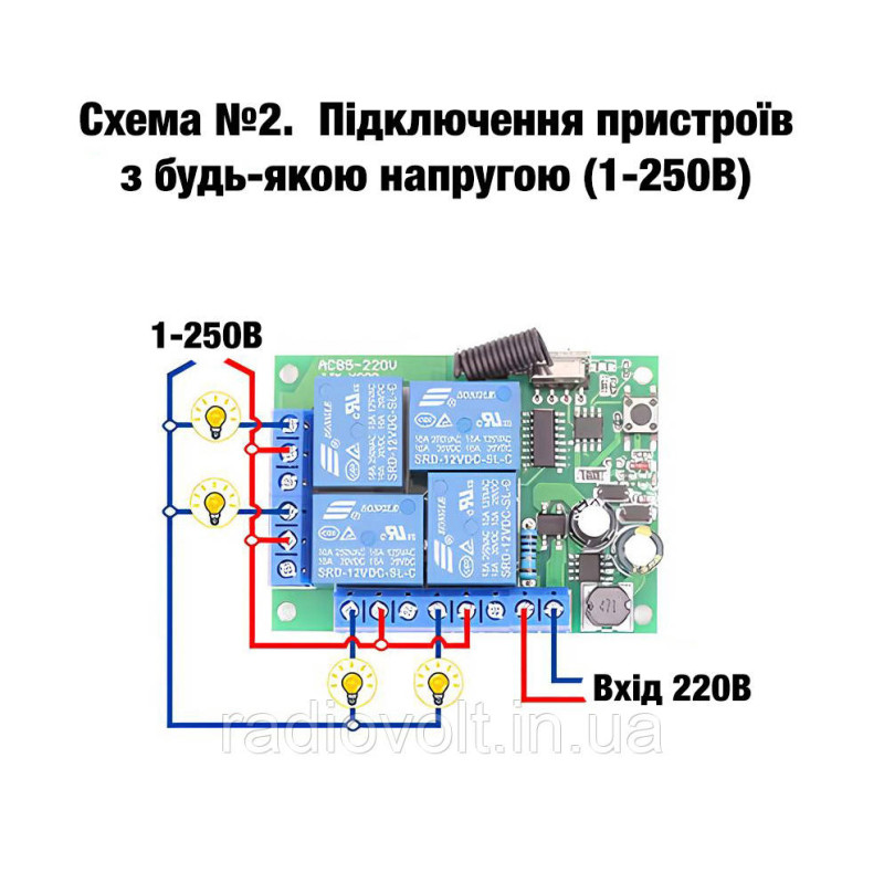 433МГц 4-х канальний бездротовий вимикач 220В + 2 Пульта
