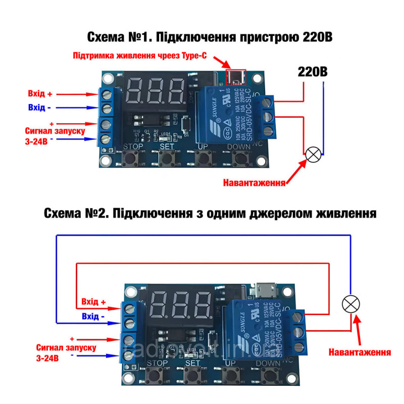 Модуль реле часу із затримкою XY-J02 LED Type-C 0.1с-999мін (5-30 В, 10A/AC 250В)