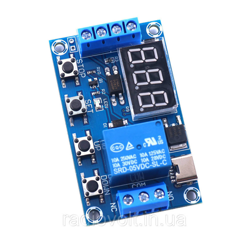 Модуль реле часу із затримкою XY-J02 LED Type-C 0.1с-999мін (5-30 В, 10A/AC 250В)