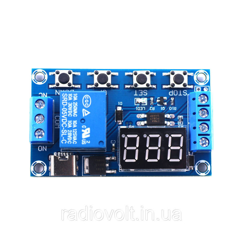 Модуль реле часу із затримкою XY-J02 LED Type-C 0.1с-999мін (5-30 В, 10A/AC 250В)