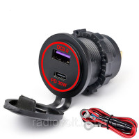 Врезная USB розетка для авто с QC3.0 + PD Type-C (36Вт), 6-32В, красный