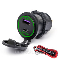 Врезная USB розетка для авто с QC3.0 + PD Type-C (36Вт), 6-32В, зеленый