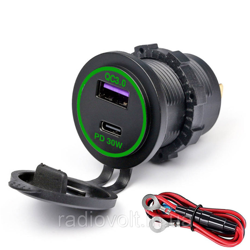 Врезная USB розетка для авто с QC3.0 + PD Type-C (36Вт), 6-32В, зеленый