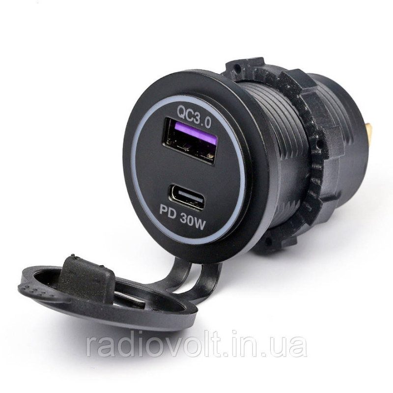 Врезная USB розетка для авто с QC3.0 + PD Type-C (36Вт), 6-32В, синий