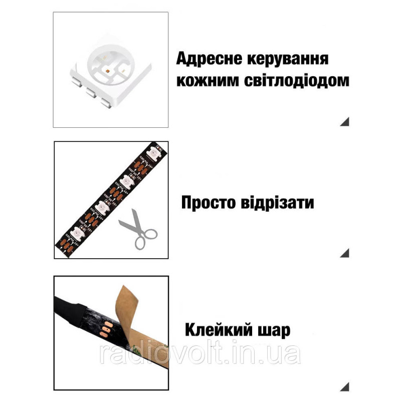 Світлодіодна стрічка WS2812B, RGB, IP30, 144 світлодіоди/м, 5 В, 1 м, чорна підкладка
