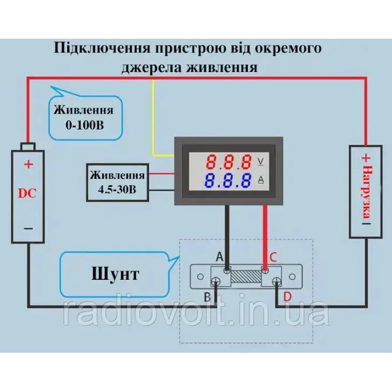 Вольтметр–амперметр 0–100В, 0–50А з шунтом 50А FL-2