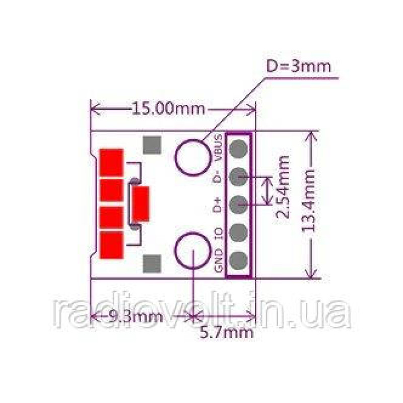 Плата перехідник MicroUSB - DIP, 5pin, 2.54 мм